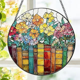 Stained Glass Window Hanging, 8 Inch Book Ornament Suncatcher, Sun Catchers Indoor Window, Flowers Suncatchers for Windows Hanging, Spring Home Garden Decor Panel, Book Lovers Gifts for Women Teacher