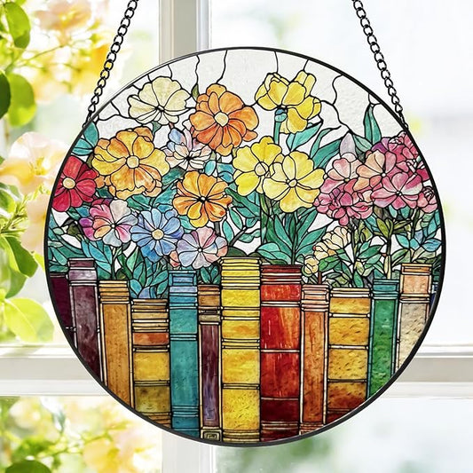 Stained Glass Window Hanging, 8 Inch Book Ornament Suncatcher, Sun Catchers Indoor Window, Flowers Suncatchers for Windows Hanging, Spring Home Garden Decor Panel, Book Lovers Gifts for Women Teacher