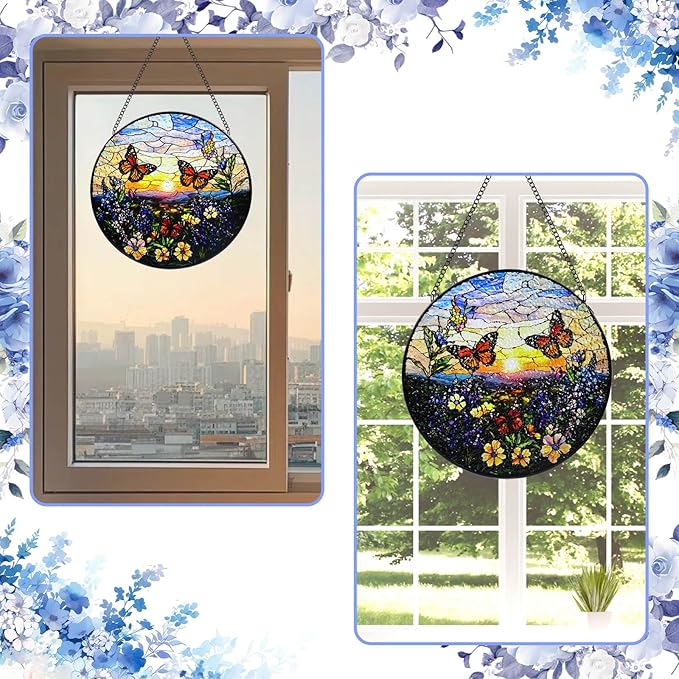 Stained Glass Window Hanging, 8 in Butterfly Sun Catchers, Diamond Glass Panel Landscape Suncatcher for Home Decor - Gift for Women Mother's Day Christmas