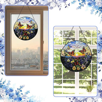 Stained Glass Window Hanging, 8 in Butterfly Sun Catchers, Diamond Glass Panel Landscape Suncatcher for Home Decor - Gift for Women Mother's Day Christmas