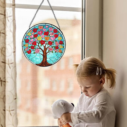Tree of Life Stained Glass Suncatcher, Pink Love Tree Stained Glass Window Hanging, Valentines Day Window Decorations, Meaningful Gift for Mom, Grandma, Birthday & Mother’s Day, 7.9x7.9in