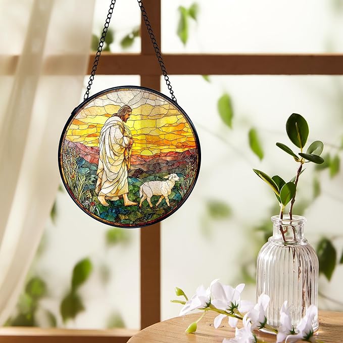 Christian Gifts for Women, Easter Jesus and Lamb Christian Suncatchers Stained Glass Window Hanging, Jesus Religious Sun Catchers Indoor Window Glass Round Wall Decor, 7.9x7.9in