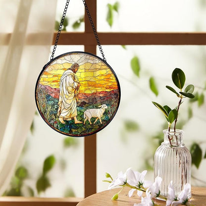 Christian Gifts for Women, Easter Jesus and Lamb Christian Suncatchers Stained Glass Window Hanging, Jesus Religious Sun Catchers Indoor Window Glass Round Wall Decor, 7.9x7.9in