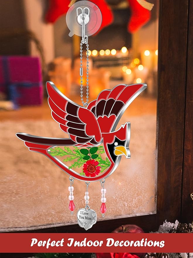 KY&BOSAM Gifts for Mom I Love You Mom Cardinal Suncatcher Stained Glass Hand Painted Color for Window Hanging Ornament Wind Chime with Real Flower and Metal Heart Charm Mothers Day Birthday Christmas