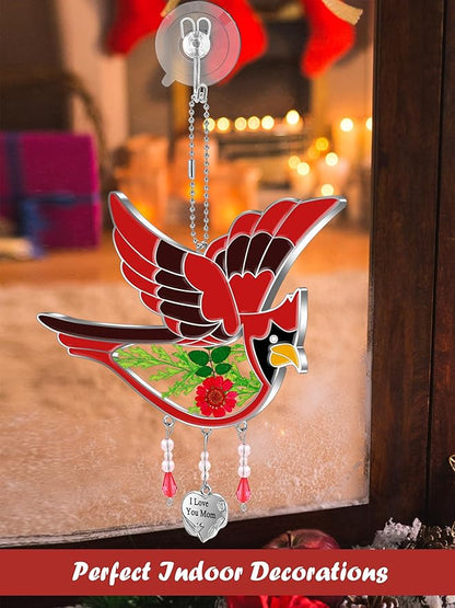 KY&BOSAM Gifts for Mom I Love You Mom Cardinal Suncatcher Stained Glass Hand Painted Color for Window Hanging Ornament Wind Chime with Real Flower and Metal Heart Charm Mothers Day Birthday Christmas