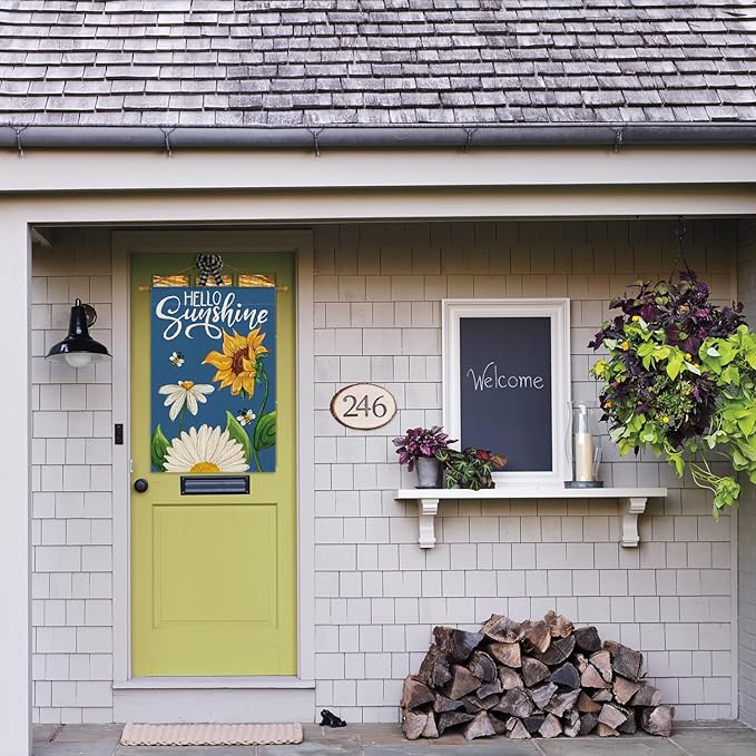 AVOIN colorlife Daisy Sunflower Hello Sunshine House Flag 28x40 Inch Double Sided, Summer Seasonal Holiday Burlap Yard Outdoor Decoration Blue