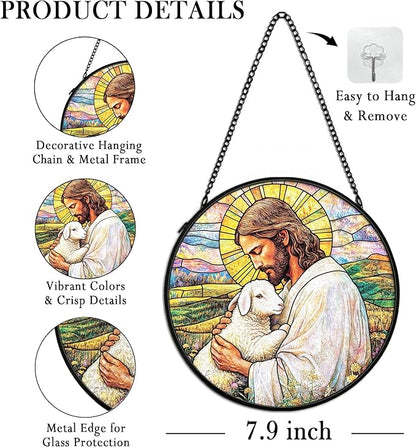 Christian Easter Jesus Lamb Suncatcher Stained Glass Window Hanging Wall Decor, Christian Easter Gifts for Women, the Lord is My Shepherd Sun Catchers Garden Lawn Window Hanging Art, 7.9x7.9In