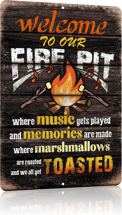 Yniaun Decor Welcome to Our Fire Pit Funny Camper/Camping Metal Tin Signs Vintage Patio Back Yard Decorations Gifts 8 X 12 Inch Indoor/Outside Accessories - Music Gets Played & Memories Are Made