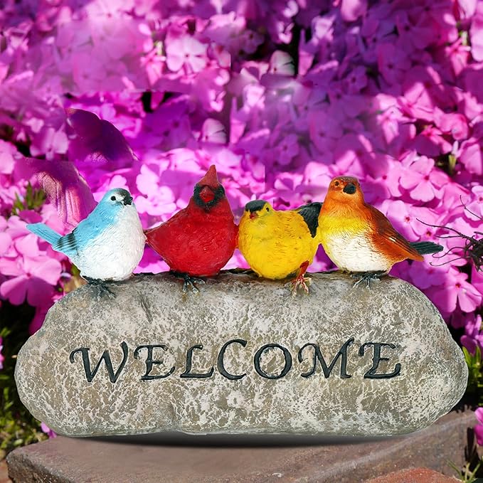 Bird Welcome Sign Stone Statue for Yard Patio Lawn Multicolored Indoor Outdoor Outside Birdy Garden Decor Funny Fairy Ornaments Figurine Home Decorations
