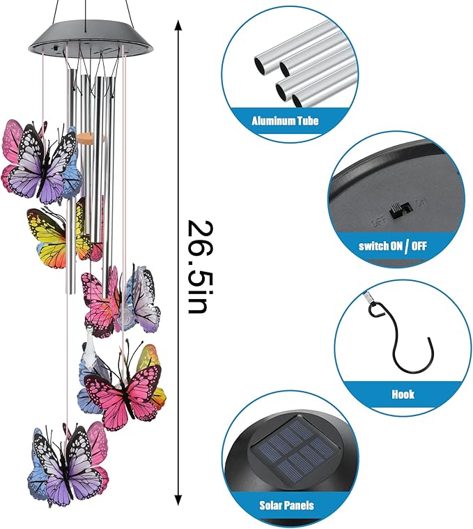 Solar Butterfly Wind Chimes, Color-Changing, Outdoor, Solar-Powered, 9.5 x 5.25 x 2 inches