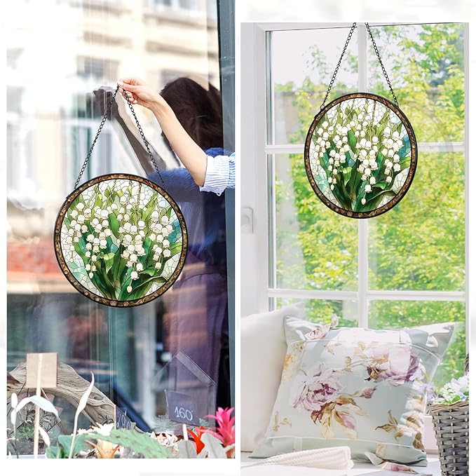 Stained Glass Window Hanging White Green Lily of The Valley 7.8 Inch Wildflowers Suncatcher Glass Panel Boho Window Decor with Chain Round Glass for Garden Wall Birthday Party Gifts