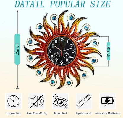 COOZZUHOUR 25 Inch Metal Sun Outdoor Shaped-Clock with Thermometer and Hygrometer Combo, Battery-Powered 10-inch Waterproof Dial and Silent Quartz Movement for Home Decorative Gifts(Orange)