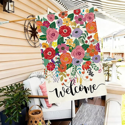 Baccessor Spring Summer Welcome House Flag Double Sided 28x40 Inch Burlap,Floral Flowers Large Garden Flag Porch Patio Front Entry Yard Seasonal Farmhouse Outside Outdoor Decor