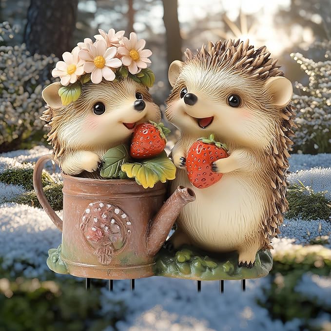 Garden Stake Decor, Acrylic 2D Flat Cute Animal Statue, Fairy Sculptures Ornament Indoor Outdoor Yard Lawn Pot Plant Decorative Accessories (Two Hedgehogs)