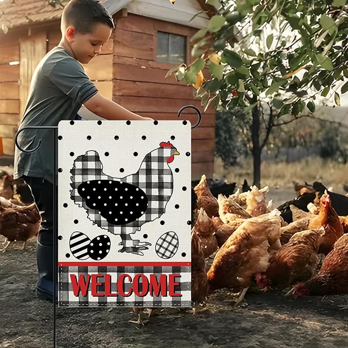 Dyrenson Welcome Chicken Decorative Garden Flag, Hen Eggs Buffalo Plaid Check Polka Dots Yard Outside Home Decoration, Farmhouse Burlap Outdoor Small Decor Double Sided 12 x 18