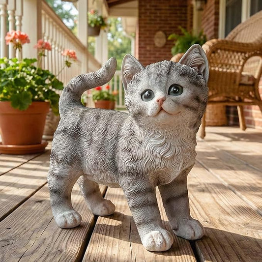 Real Grey Tabby Garden Statue - Resin Realistic Cat Sculpture, Pet Loss Memorial Stone, for Cat Lovers, Indoor/Outdoor Decor, Animal Figurine for Yard Ornaments