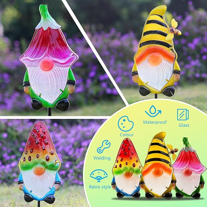 LEGIFO Garden Decor Gnomes Stakes Set of 3, Metal & Glass 18.3″, Outdoor Gnome Stake for Backyard Lawn Decor, Funny Yard Art Decorations for Mom Grandma Women Mother’s Day