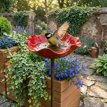 IBHOO Metal Flower Garden Stakes Bird Bath, Handmade Metal Flower Garden Stake, Outdoor Flower Shaped Bee Bath Water Bowl, for Garden Lawn Yard Decor