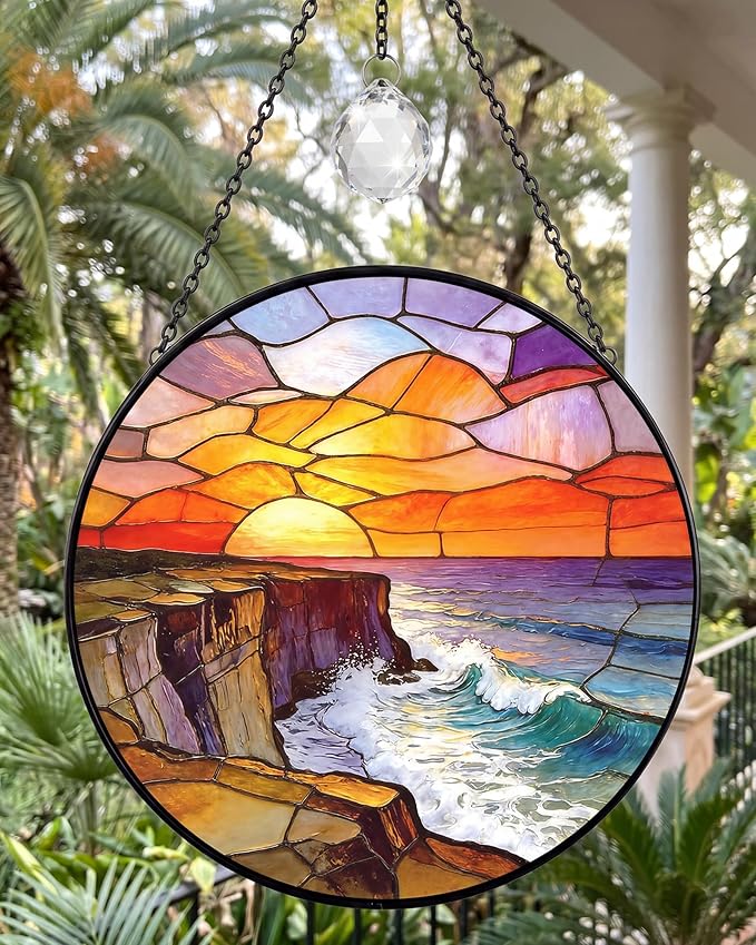 Stained Glass Window Hanging Sun Catcher, 7.8 Inch Ocean Wave Sunrise Suncatcher for Windows Home Decor, Sun Catchers Indoor Window Decoration, Birthday Gifts for Women and Mom