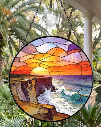 Stained Glass Window Hanging Sun Catcher, 7.8 Inch Ocean Wave Sunrise Suncatcher for Windows Home Decor, Sun Catchers Indoor Window Decoration, Birthday Gifts for Women and Mom