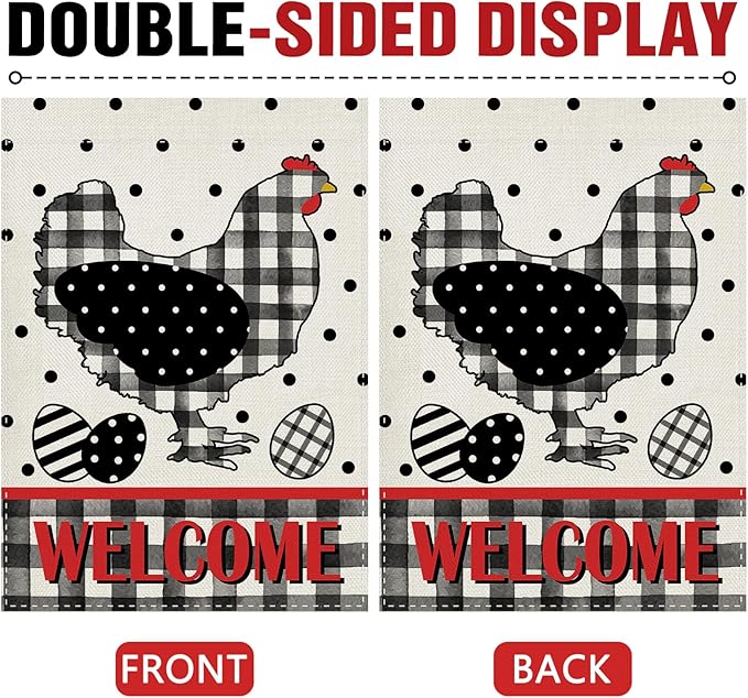 Dyrenson Welcome Chicken Decorative Garden Flag, Hen Eggs Buffalo Plaid Check Polka Dots Yard Outside Home Decoration, Farmhouse Burlap Outdoor Small Decor Double Sided 12 x 18