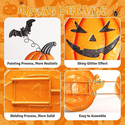 Halloween Metal Pumpkin Yard Stakes, Stackable Pumpkin Signs Garden Stake with Witch Door Hanging, Outdoor Halloween Decorations for Lawn Party (Set of 3, Style A)