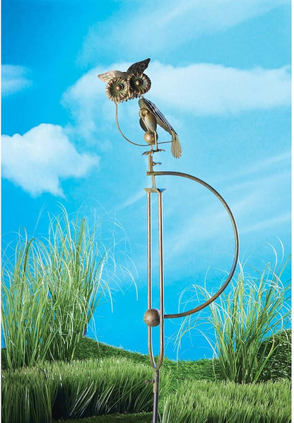 Esschert Design Staked Steel Owl Rocker, 55" H, Stylized Copper & Verdigris Owl Wind Sculpture with Counterweight, Outdoor Metal Garden Statue, Durable Steel Yard Art with Step-in Stake Base
