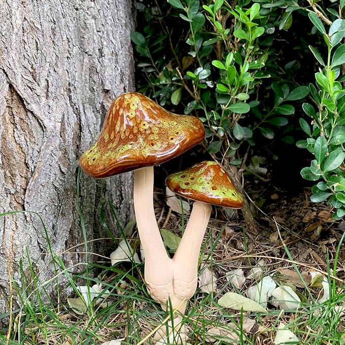 Ceramic Mushroom Outdoor Decor - 2pcs Mushroom Statue Decor for Garden, Lawn, Flower Pot Fairy Garden Stake 8.27'' in Height