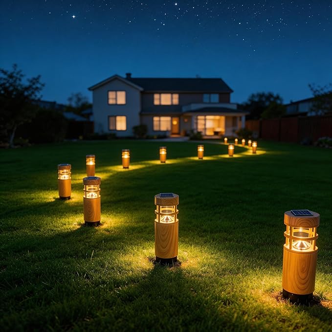 Solar Pathway Lights, 4 Pack LED Solar Lights Outdoor Waterproof, Wood-grain Color Style, Warm Yellow Light Auto On/Off, Solar Pathway Lights for Your Garden, Landscape, Path, Yard, Walkway Decor