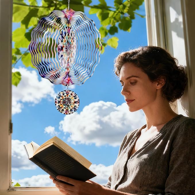Hanging Wind Spinners Outdoor - 3D Metal Kaleidoscope Kinetic Spinning Decor for Garden Yard Patio Porch Indoor Outside Art Ornaments Christmas Decoration Birthday Gifts for Women Mom Wife