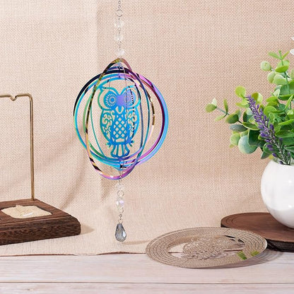 Stainless Steel Reflective Wind Spinners for Christmas Tree Decor 3D Owl Wind Chimes Gradient Etched Metal Embellishments for Outdoor Indoor Garden Hanging Decor 2Pcs