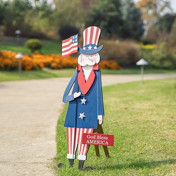 Glitzhome 4th of July Decorations, Uncle Sam Patriotic Yard Sign Stakes Decorations Outdoor, independence day Memorial Garden God Bless America Wall Decor