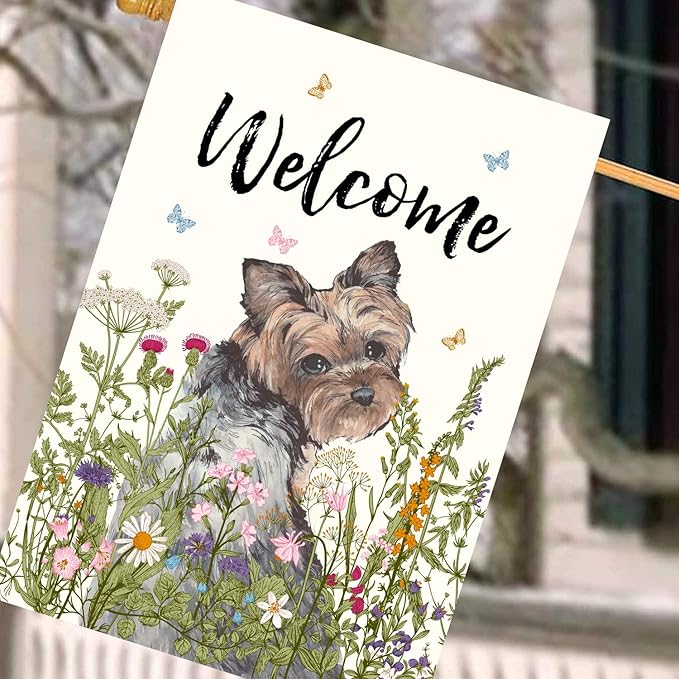 Floral Yorkie Garden Flag Spring Summer House Flags 28 x 40 Double Sided Flower Dog Yard Flags for Outside Large Outdoor Welcome Flags
