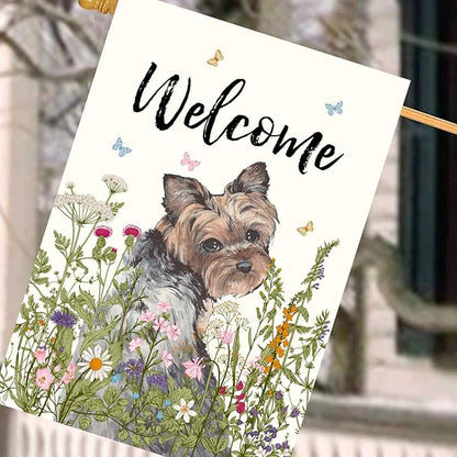 Floral Yorkie Garden Flag Spring Summer House Flags 28 x 40 Double Sided Flower Dog Yard Flags for Outside Large Outdoor Welcome Flags