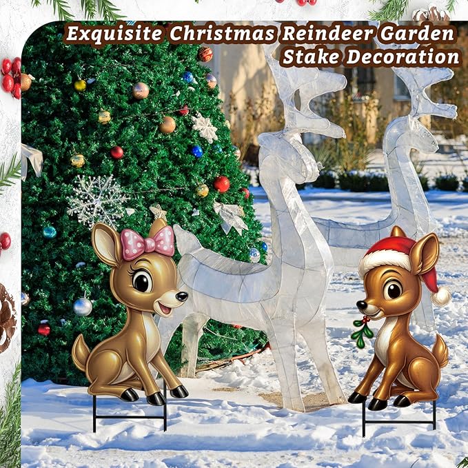 Moxweyeni 2 Pcs Outdoor Reindeer Christmas Decoration Cute Deer Sign Large Metal Reindeer Yard Sign with Stakes Christmas Farmhouse Deer Figurines for Lawn Garden Holiday Display