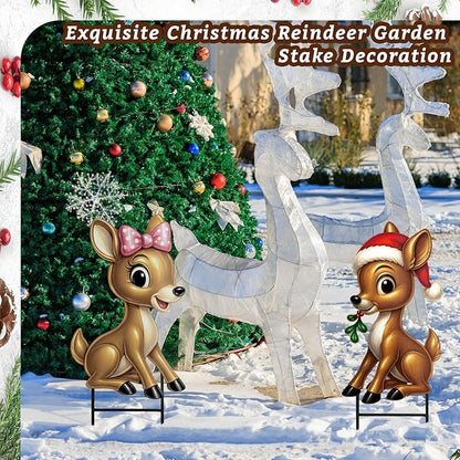 Moxweyeni 2 Pcs Outdoor Reindeer Christmas Decoration Cute Deer Sign Large Metal Reindeer Yard Sign with Stakes Christmas Farmhouse Deer Figurines for Lawn Garden Holiday Display