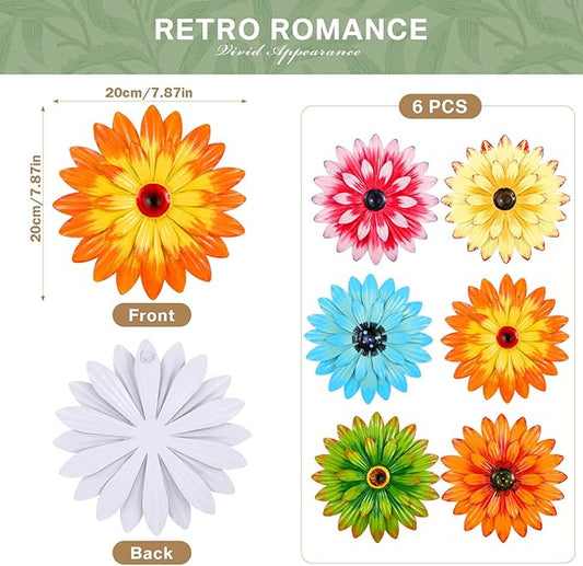 Photect 6 Pcs Metal Flowers Wall Decor Hanging Outdoor Metal Daisy Wall Art Decorations Multiple Layer 3D Daisy Flowers for Garden Farmhouse, 8 Inch(Classic Color)