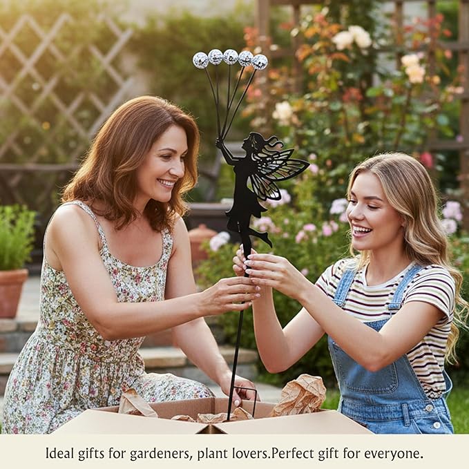 Solar Fairy Garden Stake - 5 Glowing Glass Crackle Orbs Metal Silhouette - Waterproof Outdoor Decorative Lights for Pathway, Yard, Patio - Unique Gardening Gifts for Women/Mom(Fairy)