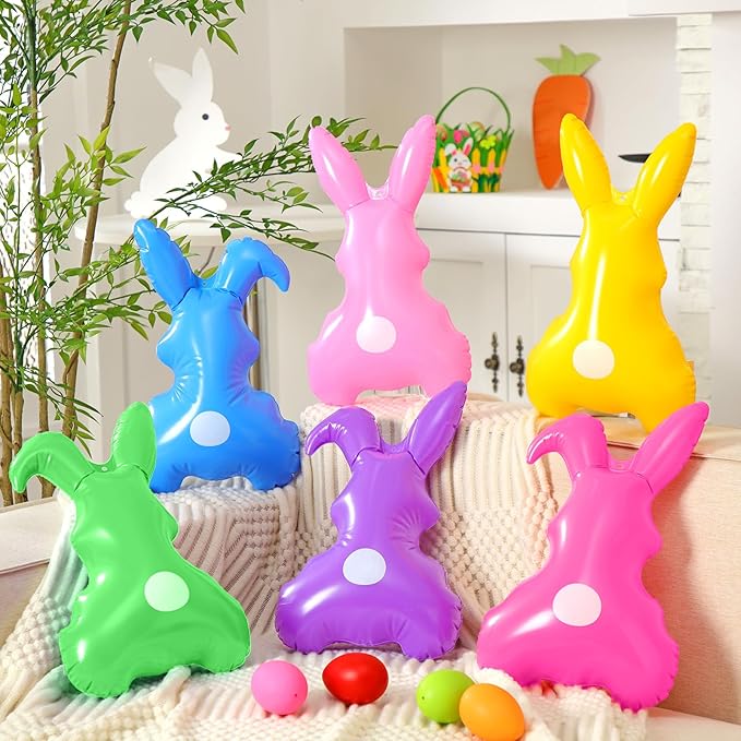 Realspring 12 Pcs Easter Bunny Inflatable Decoration 14 Inch Inflatable Bunny Blow up Decor Colorful Rabbit Hanging Ornament Giant PVC Spring Summer Yard Decorations for Indoor Outdoor Party Supplies