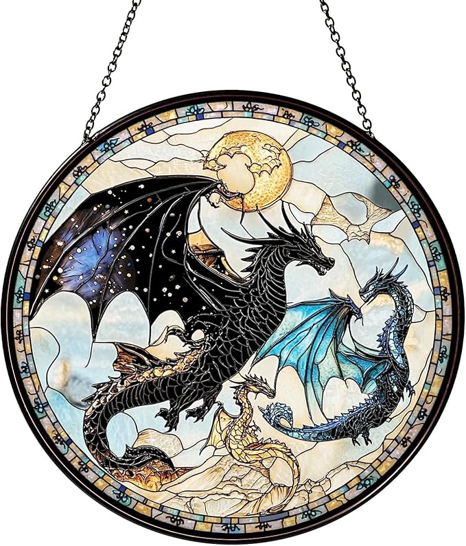 Wing Dragon Stained Glass Window Hanging Fourth Wing Sun Catcher Decor Book Lover Gifts for Readers Women Christmas Suncatchers for Home Windows Hanging Decoration, 7.87inch