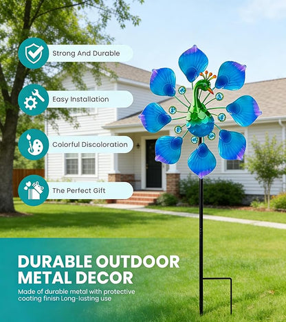 44" Peacock Garden Wind Spinners - Metal Outdoor Stakes Kinetic Wind Spinner Windmills Decor, Wind Sculpture Yard Art Decorations for Patio, Lawn & Garden