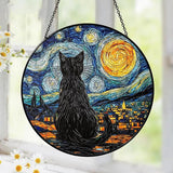 Starry Night Black Cat Stained Glass Suncatcher Window Hanging Decor for Garden, Cat Suncatcher Window Panel Gifts for Cats Lovers, Memorial Gifts for Pet Loss Sympathy Gift for Outdoor Decorations