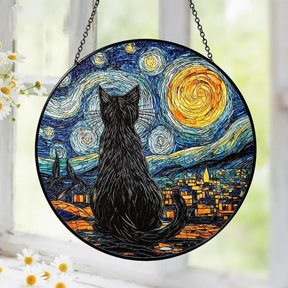 Starry Night Black Cat Stained Glass Suncatcher Window Hanging Decor for Garden, Cat Suncatcher Window Panel Gifts for Cats Lovers, Memorial Gifts for Pet Loss Sympathy Gift for Outdoor Decorations