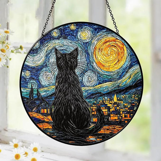 Starry Night Black Cat Stained Glass Suncatcher Window Hanging Decor for Garden, Cat Suncatcher Window Panel Gifts for Cats Lovers, Memorial Gifts for Pet Loss Sympathy Gift for Outdoor Decorations