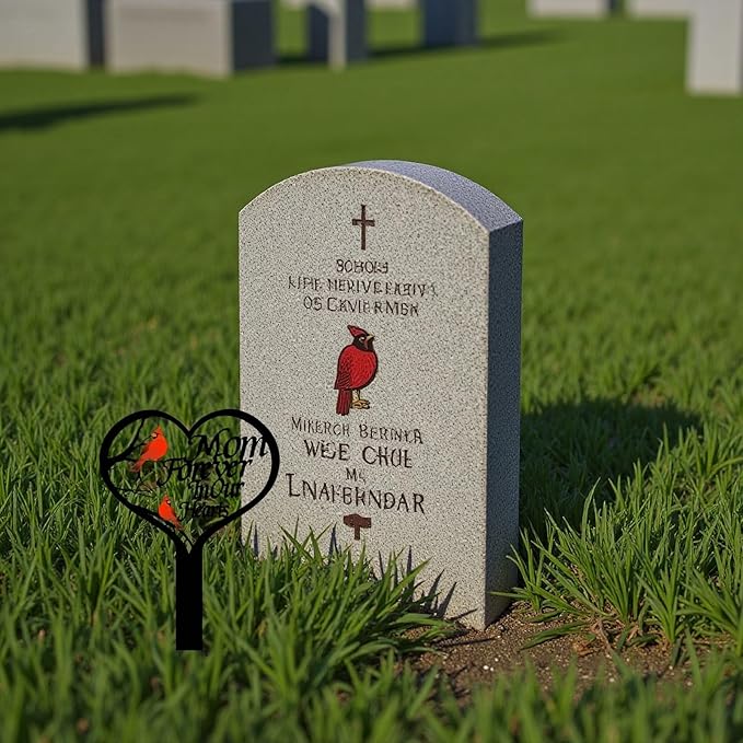 AIM & GGKK Memorial Stake for Mom - Metal Heart Grave Marker with Red Cardinals, Memorial Plaque Cemetery Decor for Grave, Garden Gravesite