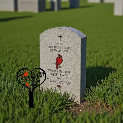 AIM & GGKK Memorial Stake for Mom - Metal Heart Grave Marker with Red Cardinals, Memorial Plaque Cemetery Decor for Grave, Garden Gravesite