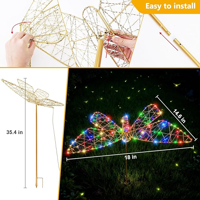 Lomotech Solar Garden Lights - 18" 240 Leds Foldable Outdoor Butterfly Garden Decor, Waterproof Larger Outdoor Solar Lights with Iron for Garden Patio Yard Lawn Pathway Decorations (Multicolor)
