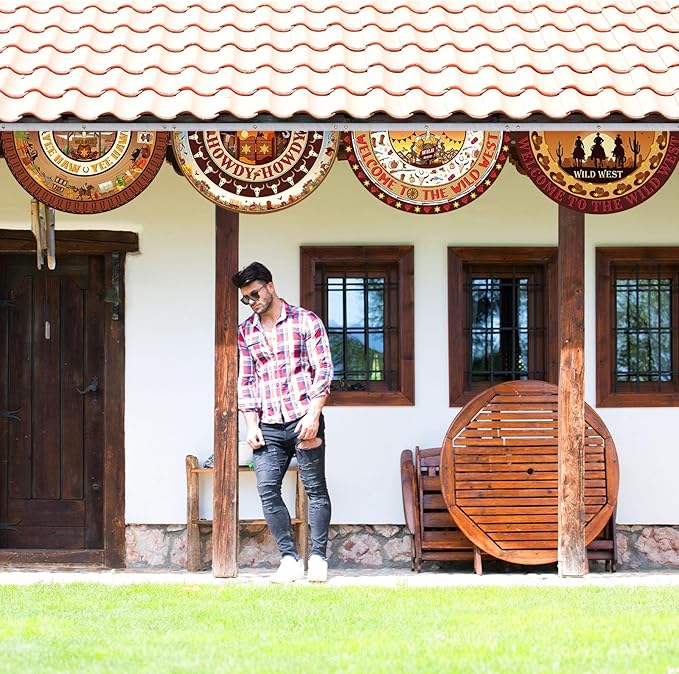 6 Pcs Western Party Decorations Cowboy Bunting Fan Flags Wild West Cowboy Hanging Half Fan Banners 1.5 x 3ft Rustic Country Cowgirl Bunting Decor for Outdoor Indoor Garden Yard Western Party