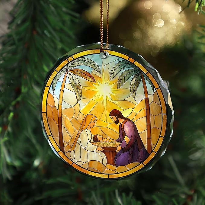 Nativity Stained Glass Ornament 2025 - Holy Family Christmas Tree Ornament, Glass Sun Catcher Window Hanging, Religious Christian Catholic Gift, Manger Scene with Bethlehem Star Keepsake(L-8)