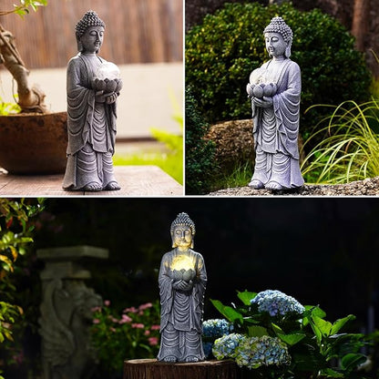 Solar Buddha Statue Outdoor – 14 Inch Tall Solar Outdoor Yard Zen Garden Decor - Ideal Gifts for Housewarming